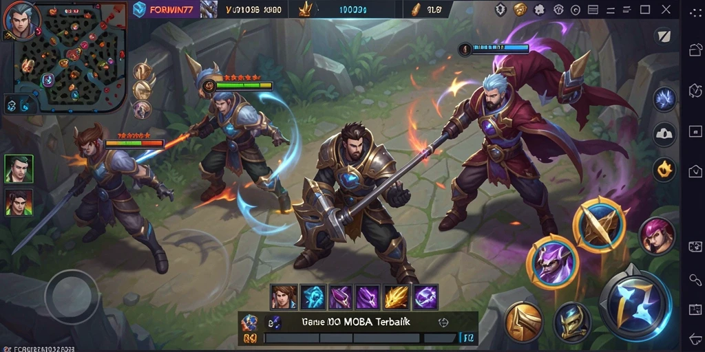 Screenshot gameplay FORWIN77 menampilkan pertempuran intens di arena MOBA.