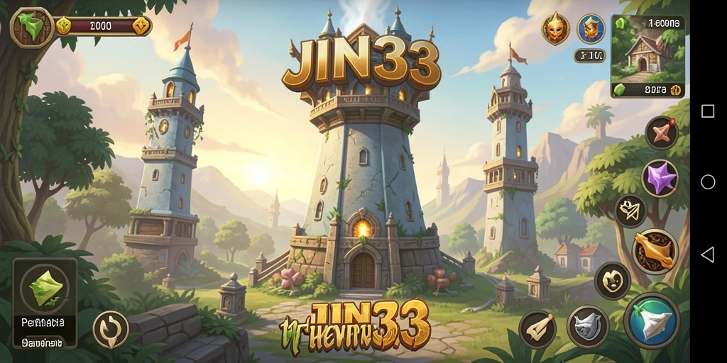 Tampilan gameplay <strong>JIN33</strong> dengan pertahanan menara yang strategis.
