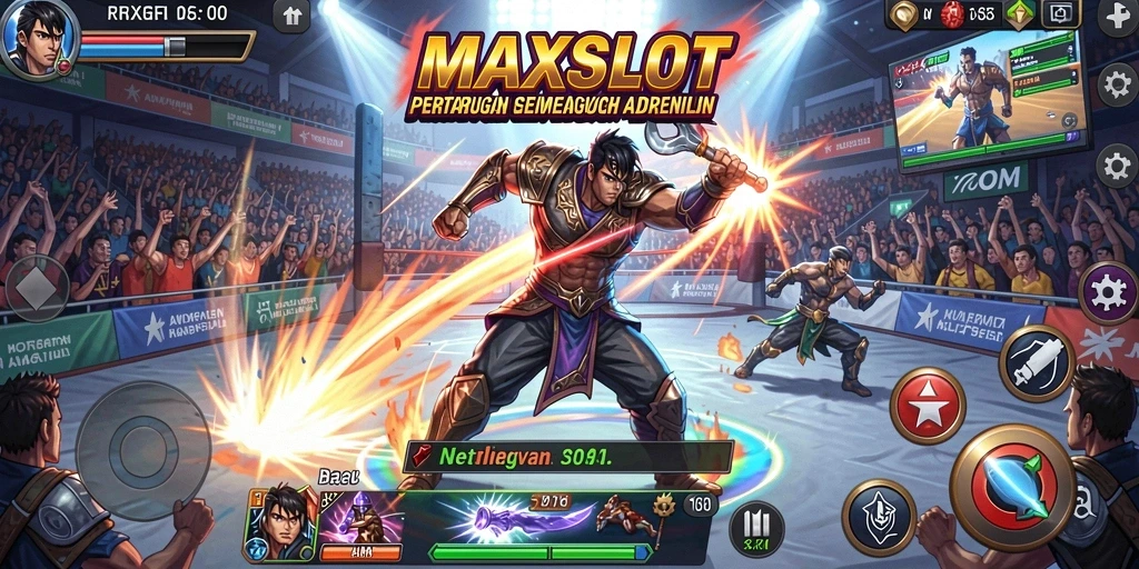 Screenshot MAXSLOT menampilkan pertarungan epik dengan karakter-karakter kuat.