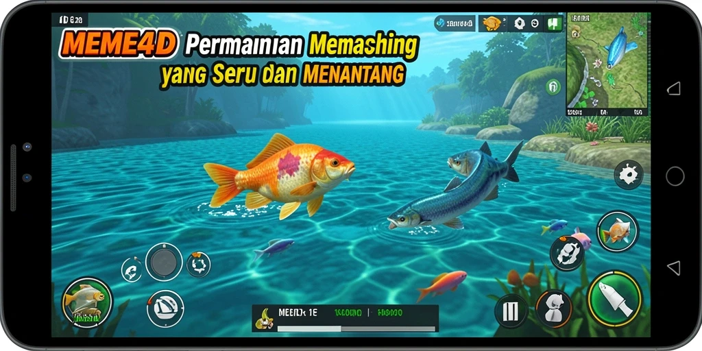 Screenshot gameplay MEME4D, menunjukkan aksi memancing yang seru.