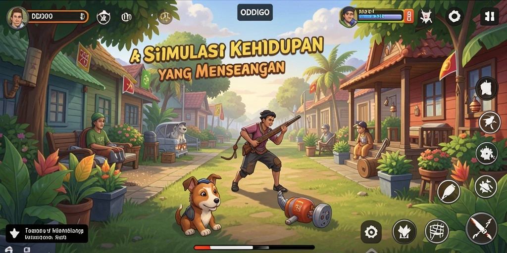 Tangkapan layar ODDIGO menampilkan karakter dan dunia simulasi yang vibrant.