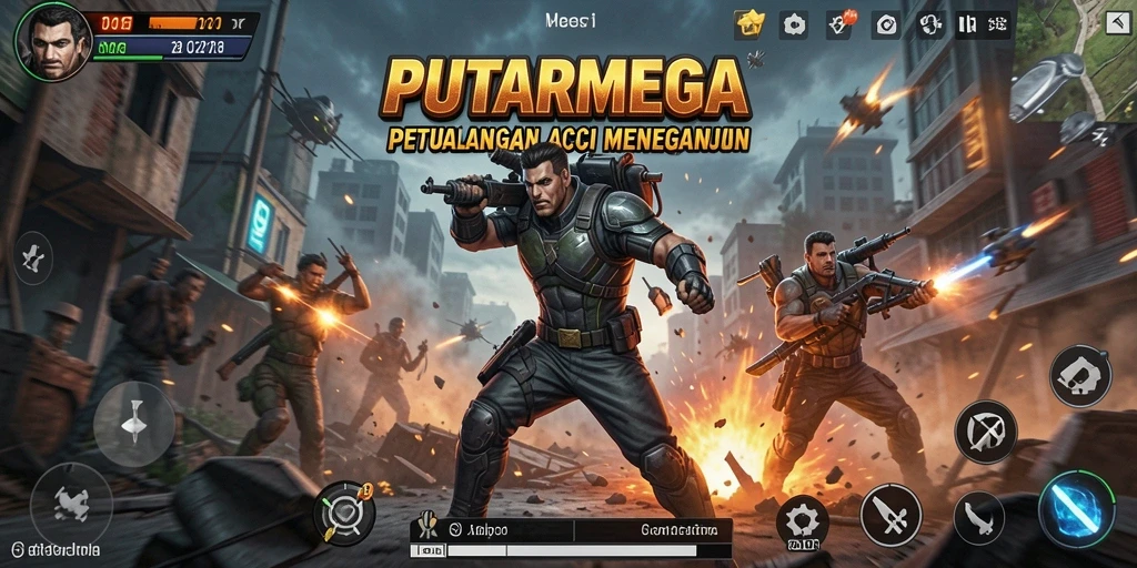 Screenshot utama PUTARMEGA menunjukkan aksi mendebarkan dalam pertempuran.