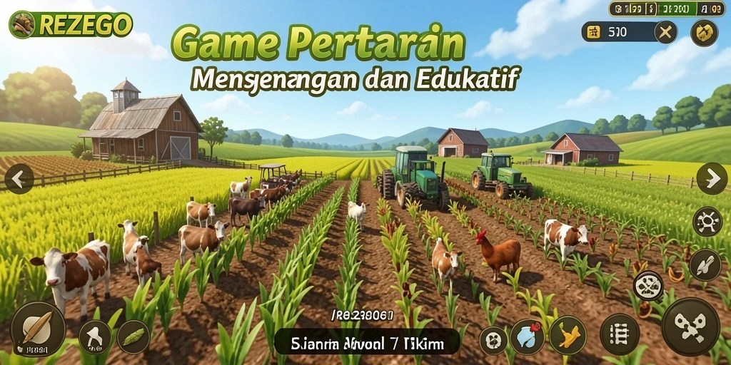 Tampilan gameplay REZEGO dengan kebun yang subur dan aktivitas bertani.