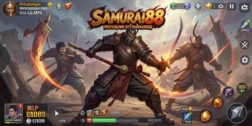 Tangkapan layar gameplay ARPG SAMURAI88 yang menampilkan pertarungan epik.