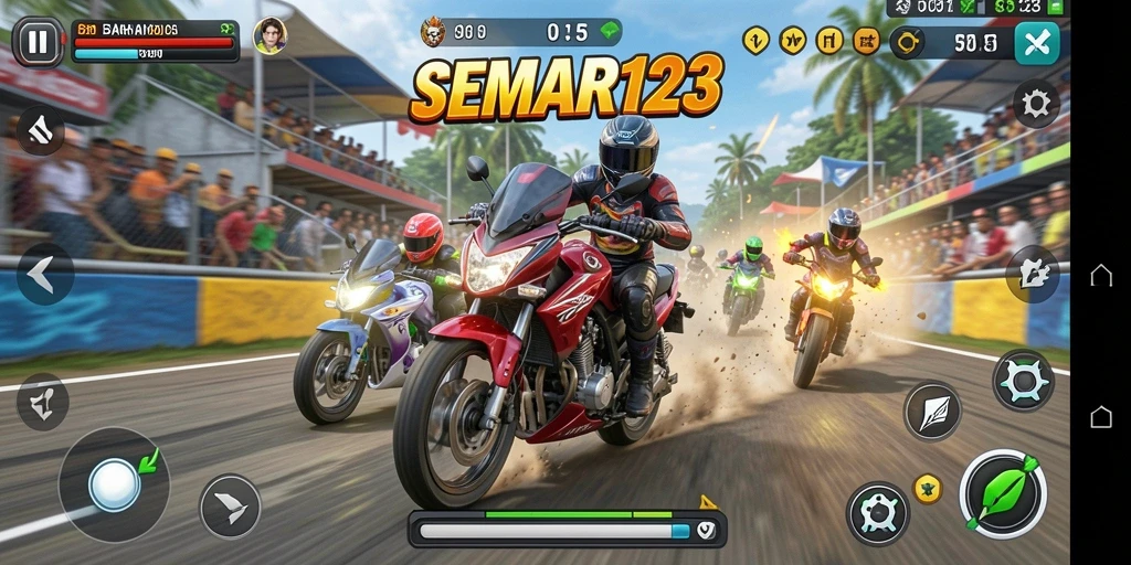 Gameplay intens dalam balapan motor SEMAR123 yang menggugah semangat.