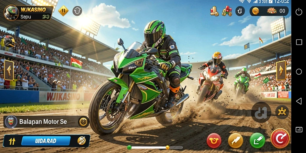 Gameplay seru di WJKASINO dengan aksi balapan motor yang mendebarkan.